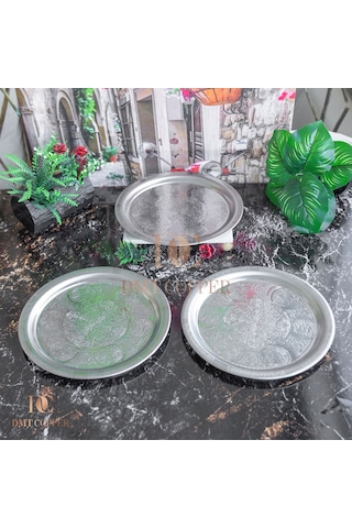 430 Kalite Krom Çelik 6 Adet Tepsi 24 Cm Fırına Uygun, Osmanlı Motifli, Kebap & Restoran Sunum Tepsisi Gri