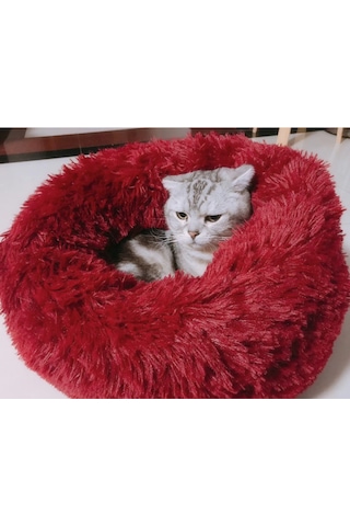 Mufunye Yumuşak Peluş Yuvarlak Evcil Hayvan Yatağı İçin Kedi Küçük Köpekler İçin Kırmızı - 50 Cm Çap