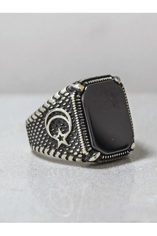 Gümüş Ay Yıldız Model Kare Oniks Taşlı Erkek Yüzük