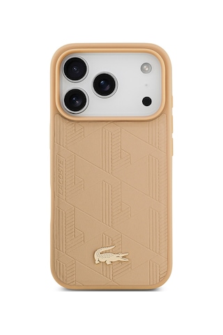 Apple Uyumlu iPhone 17 Pro Kılıf Lacoste Lisanslı M-safeli Pu Deri Karışık Monogram Desenli Kapak Bej Bej