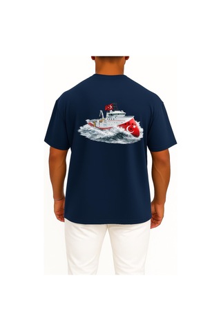 Bahriyeli Collection Oversize Rv Barbaros Hayreddin Paşa Dalgalar Arası Göğüs Ve Sırt Baskılı Unisex T-shirt Lacivert