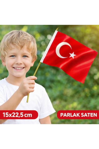 Saten Türk Bayrağı 15x22.5 Cm Parlak Kumaş Mini Bayrak 23 Nisan, Okul, Araç Ve Dekor İçin Tek Ebat