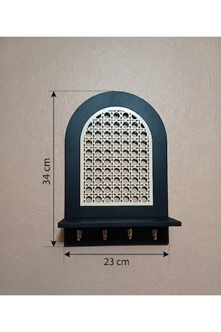 Rattan Rattan Desenli,Anahtar Askılıklı Raflı Duvar Organizeri Siyah