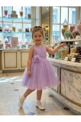 Butikhappykids Kız Çocuk Lila Volanlı Tüllü Çiçek Detaylı Abiye Elbise 1-5 Yaş Lila