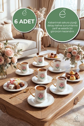 6 Kişilik 12 Parça Porselen Kahve Fincan Takımı Sakura Çiçek Desenli Şık Türk Kahvesi Seti Çok Renkli
