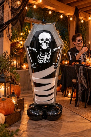 Halloween Cadılar Bayramı Ayaklı Tabut İskelet Folyo Balon 99x57 Cm Siyah Oda Dekoru Parti Süsü Çok Renkli