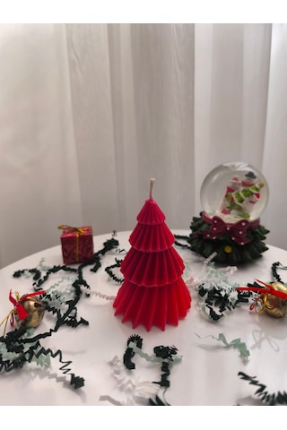 Çam Ağacı Desenli Yılbaşı Konseptli Dekoratif Mum, Tek Renk Kırmızı