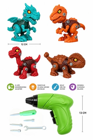 Sök Tak 4'lü 12cm Dinozor Oyuncak Seti Vidalı Montajlı Eğitici Oyuncak + Pilli Matkap İle