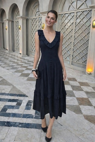 Asprinfashion V Yaka Önü Süs Düğmeli Keten Elbise Siyah