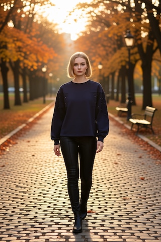 Benerly Kadın Bisiklet Yaka Düşük Kol Oversize %100 Pamuk Sweatshirt Fonk Lacivert