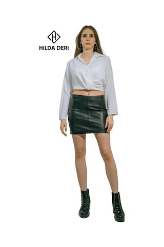 Hilda Deri Mini Etek Hakiki Kuzu Derisi Siyah Aidan 001