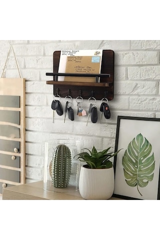 Flybuy Ahşap Anahtarlık Duvar Rafı - Çam Ağacı Kahverengi, 25x18.5x7.5cm, Endüstriyel Dekor İçin Mükemmel Giriş Siyah