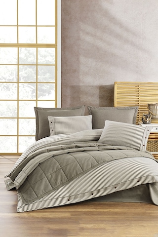 Life %100 Pamuk Nevresim Takımı Ve Yatak Örtüsü 7 Parça Haki Bej