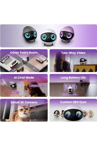Enabot Ebo Air 2 Plus 3k Gözetim Kamerası, Yapay Zekalı Mobil Robot, 2 Yönlü Ses, Gece Görüşü Kamera Sistemi Mor