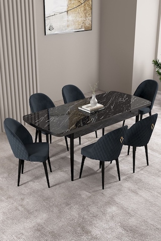 Milas Siyah Mermer Desen 80x132 Mdf Açılabilir Mutfak Masası Takımı 6 Adet Sandalye Antrasit
