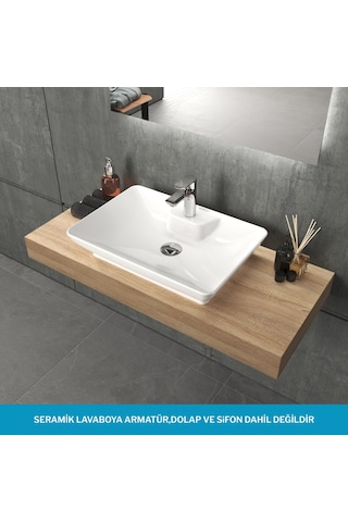 Aqua Bagno Leon Tezgah Üstü Lavabo 60x40 Cm Batarya Delikli Seramik Beyaz Çanak Lavabo-1.31.62.1.no