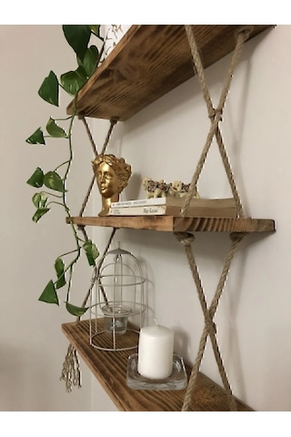 Ahşap Dekoratif Tasarım 3'lü Halatlı Raf Hazır Kurulu 39cm 9cm