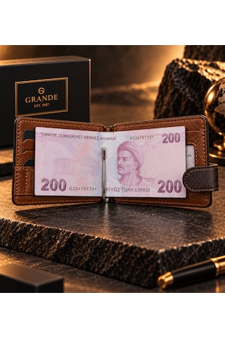 Grande 711 Hakiki Deri Menteşeli Para Bölmeli Erkek Mıknatıslı Kartlık/cüzdan Kahverengi - Taba