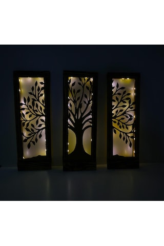 Işıklı Ahşap Çerçeveli 3 Lü Ağaç Motifli Duvar Dekor Seti