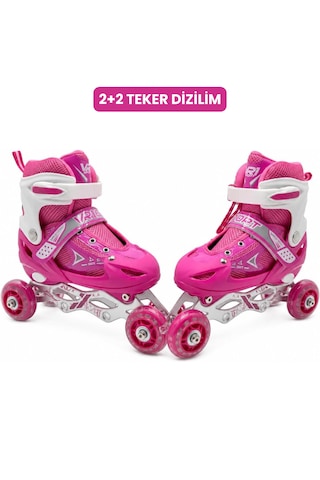 Vr1 - Metal 2+2 Işıklı 3in1 Ayarlanabilir Çocuk Pateni 2+1+1 / 2+2 Silikon Tekerli Uç Korumalı Pembe