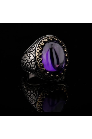 925 Ayar Gümüş Sarmaşık Desenli Ametist Taşlı Erkek Yüzük Çok Renkli