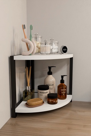 İki Raflı Banyo Köşe Oval Düzenleyici Organizer Raf Metal Gövdeli Çok Amaçlı Banyo Standı Beyaz