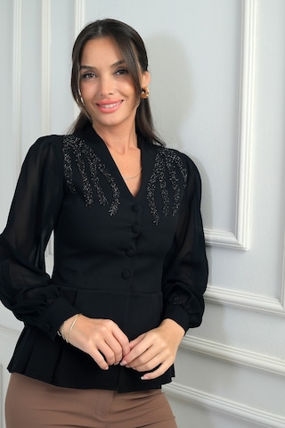 By Saygı Kadın Omzu Taş İşleme Detaylı Kolları Ve Eteği Şifon Tasarım Bluz Siyah