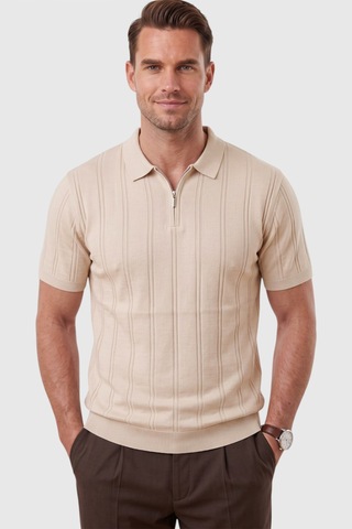 Deepsea Erkek Fermuarlı Polo Yaka Çizgi Dokulu Bej Triko Tişört Regular Fit Yumuşak Dokulu 2608007