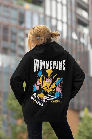 Sevbano Wolverine Karakter Baskılı Unisex Oversize Hoodie Siyah