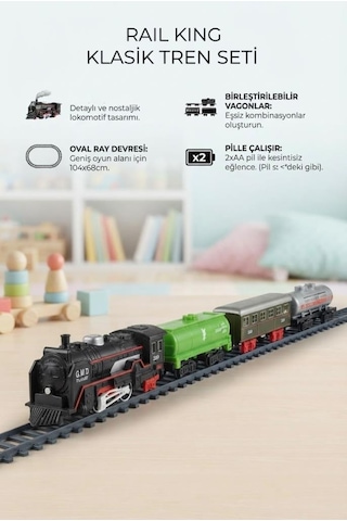 14 Parça Klasik Pilli Tren Seti Demiryolu Tren Oyunu 104x68 Cm Raylı Lokomotif Oyuncak Tren