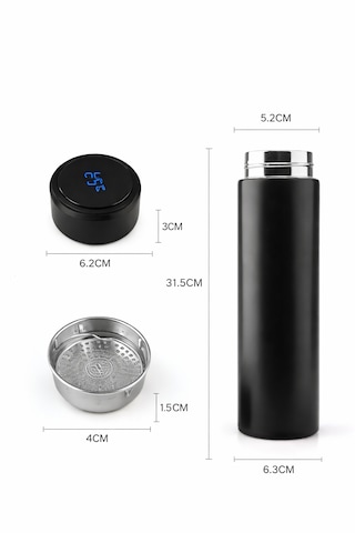 Siyah Dijital Isı Göstergeli Termos 500 Ml - Akıllı Paslanmaz Çelik Dereceli Termos Mat Siyah