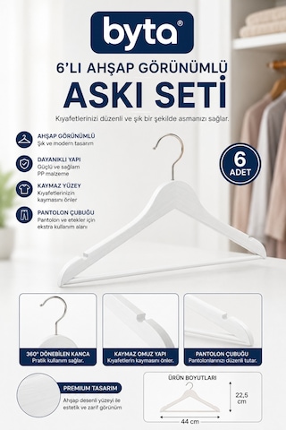 6'lı Beyaz Ahşap Görünümlü Elbise Askısı Seti 44 Cm Kaymaz Pantolon Çubuklu Kıyafet Askılığı Beyaz