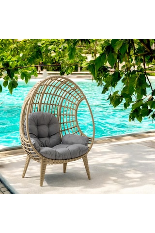 Egg Chair Tekli Rattan Bahçe Koluğu Rehome Minderli Oval Lounge Acı Kahverengi