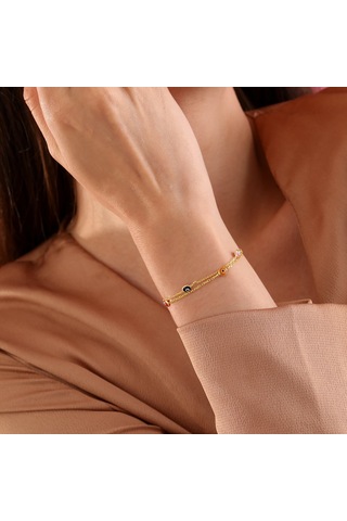 925 Ayar Gümüş 2 Sıra Zincirli Karışık Renk Göz Bileklik Altın