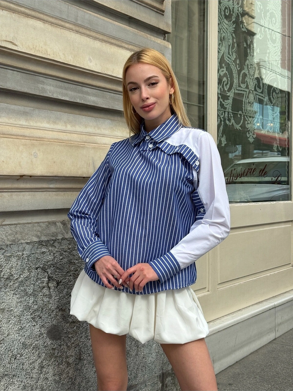 Mamayaga Kadın Özel Tasarım Yaka Kol Düğmeli Çizgili Garnili Bluz Boy Pamuk Curve Şık Gömlek Lacivert