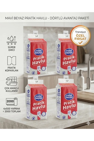 Mavi Beyaz Pratik Havlu 4 Adet 500 Yapraklı - Yeni Nesil Çok Amaçlı Kağıt Havlu Asma Aparatı Hediyeli