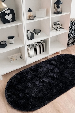 Siyah Oval Post Halı Kesme Yolluk Peluş Yumuşak Kaymaz Dot Taban