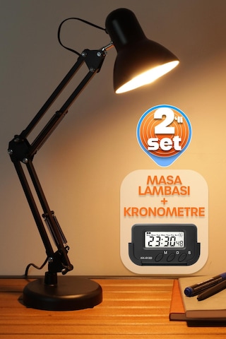2li Set Masa Lambası + Kronometreli Öğrenci Saati Akrobat Metal 360 Çalışma Masası Lambası Siyah Siyah