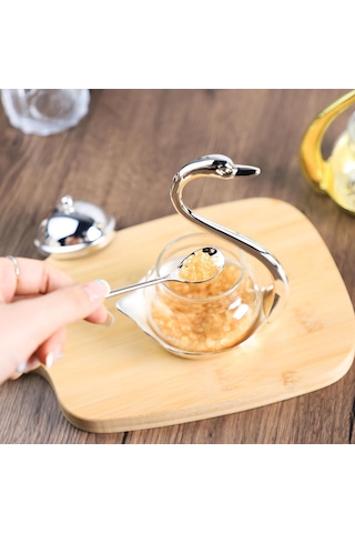Lüks Kuğu Tasarımlı Cam Şekerlik Dekoratif Baharatlık Bal Kavanozu Sunumluk Metal Standlı Set Diğer