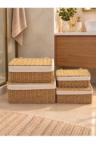 Morponi 4'lü Kapaklı Hasır Kumaş Astarlı Rattan Organizer Sepet Trn603 Sarı