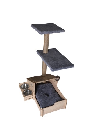 Çok Amaçlı Katlı Kedi Evi-isim Baskılı-ahşap Mdf-tırmalama Çubuklu-gri Minder-çelik Kase-2 350