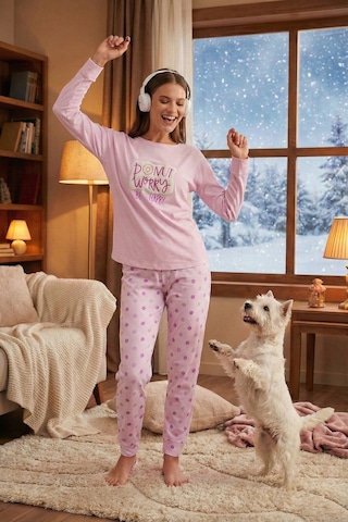 Lela Streç Standart Fit Bisiklet Yaka Desenli Bayan Pijama Takımı 6095700 Açık Pembe