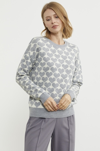 Kalp Desenli Sıfır Yaka Triko Kazak - Gri 001