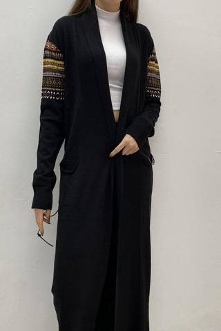 Onno Style Women Kilim Desen Uzun Ceket Siyah