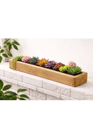 Doğal Ahşap Sukulent Bahçe Kutusu 50 Cm X 9 Cm X 9 Cm