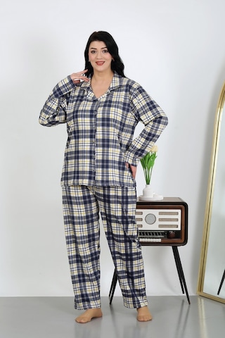 Akbeniz Kadın Büyük Beden Pamuklu Cepli Düğmeli Lacivert Pijama Takım 202504 Lacivert