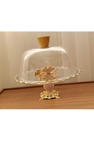 Elta Collection Gold Metal Ayaklı Cam Kapaklı Kek - Pasta Stantı Fanus Taşlı