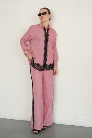 Verymoda Dantel Detaylı Çizgili Pantolon F2083 Bordo