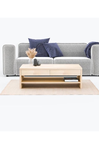 Masif Ağaç Çekmeceli Ve Raflı Orta Sehpa 120 X 60 Naturel Ahşap