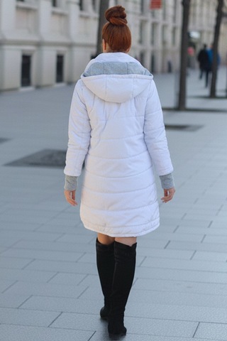 Kadın Kışlık Kapüşonlu Eldivenli Uzun Beyaz Şişme Mont Beyaz